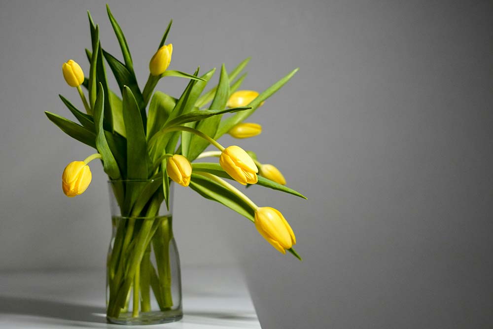 A vase filled with yellow flowers on top of a table