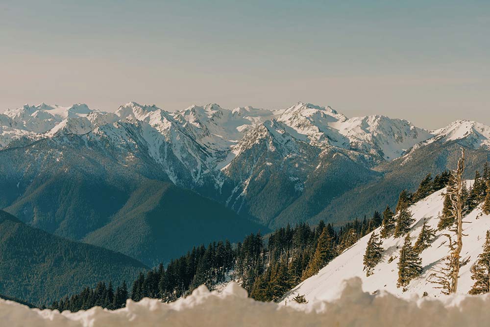 Snow-covered mountain range.