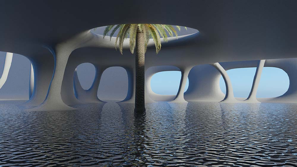 Abstract futuristic building above the water